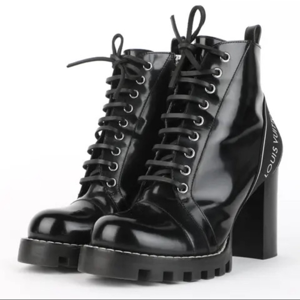 Louis Vuitton Glossy Black Lace-Up Boots